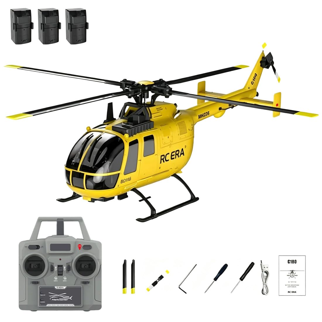 C180 BO105 6CH Remote Control Helicopter, 1:25 Scale 2.4G 6-Axis Gyro Brushless Motor RC Helicopter with Barometric + TOF Radar Dual Altitude Hold & Optical Flow Positioning - Yellow/3 Battery