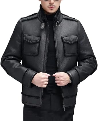 Mens Genuine Sheepskin Leather Jacket Shearling Lining Short Warm Winter Coat Soft Comfortable Outdoor Wear