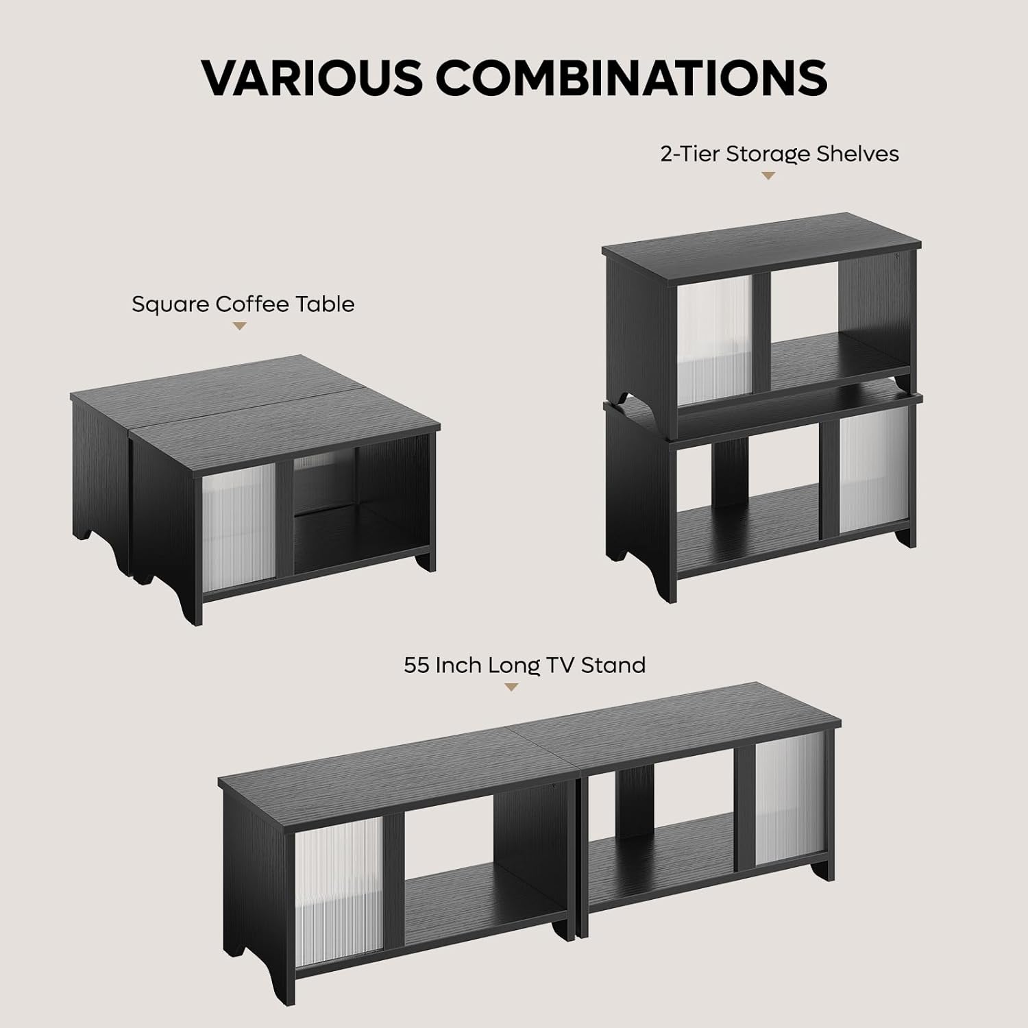 Diagram illustrating three possible configurations: square coffee table, 55-inch long TV stand, and 2-tier storage shelves.