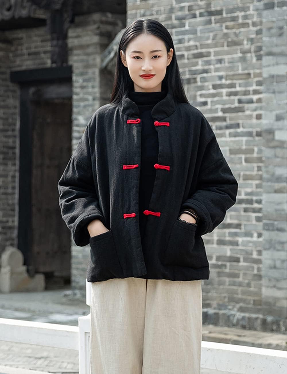 NFYM Women's Quilted Jacket Coat Outwear Stand Collar Buttons Down Tang Suit Jacket with High Low Pockets