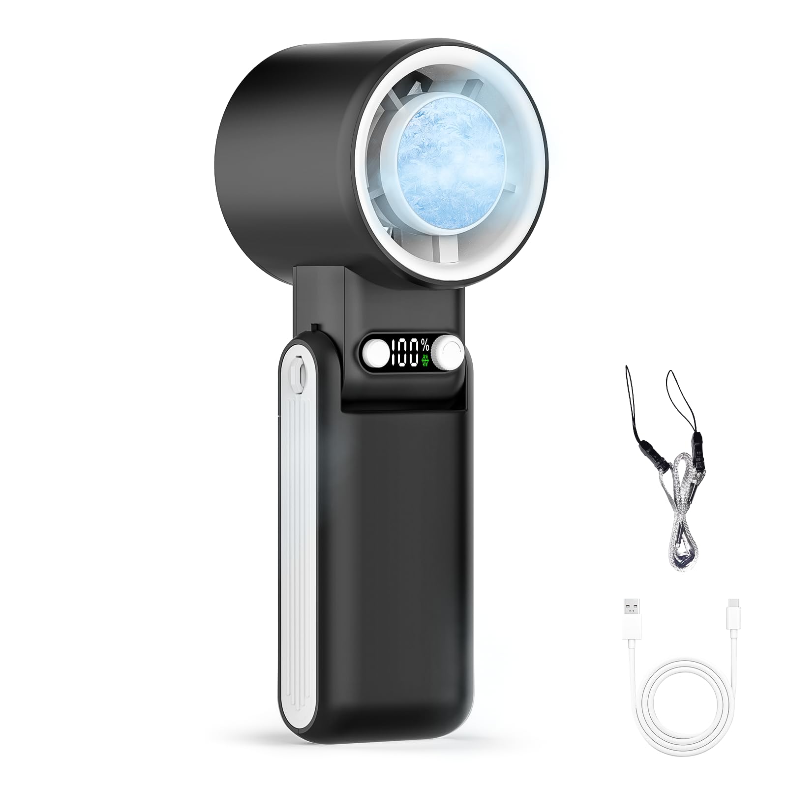 ハンディファン 冷却プレート搭載 冷却ファン 整 Type-C充電式 ケーブル付属 LED液晶画面 7枚羽根 100段階風量調整 携帯扇風機 ハンディ扇風機 首掛け 通勤 通学 アウトドア 屋外 キャンプ スポーツ観戦 暑さ対策 熱中症対策 ストラップ付属 日本語取説 (ブラック)