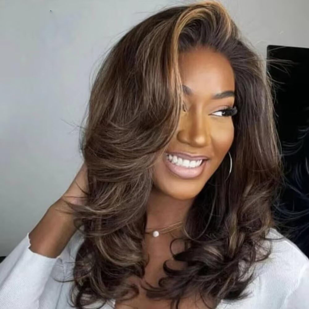 Amethyst Layered Wavy Highlights Transparent HD Invisible 13x4 Lace Front Wig 100% Brazilian Human Hair #2 Brown with Blonde Colored Wig Preplucked Bleached Knots Glueless Wig with Baby Hair