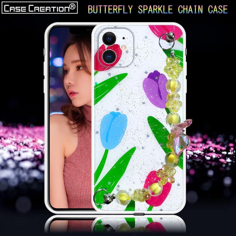 Image of COVERLY Back Cover for iPhone 12 Pro - Shiny Crystal Pearl Wrist Hanging Purse Chain Dry Fixed Glitter Shockproof Soft Silicone Cute Pretty Case with Camera Protection for iPhone 12 Pro for Hot Teens