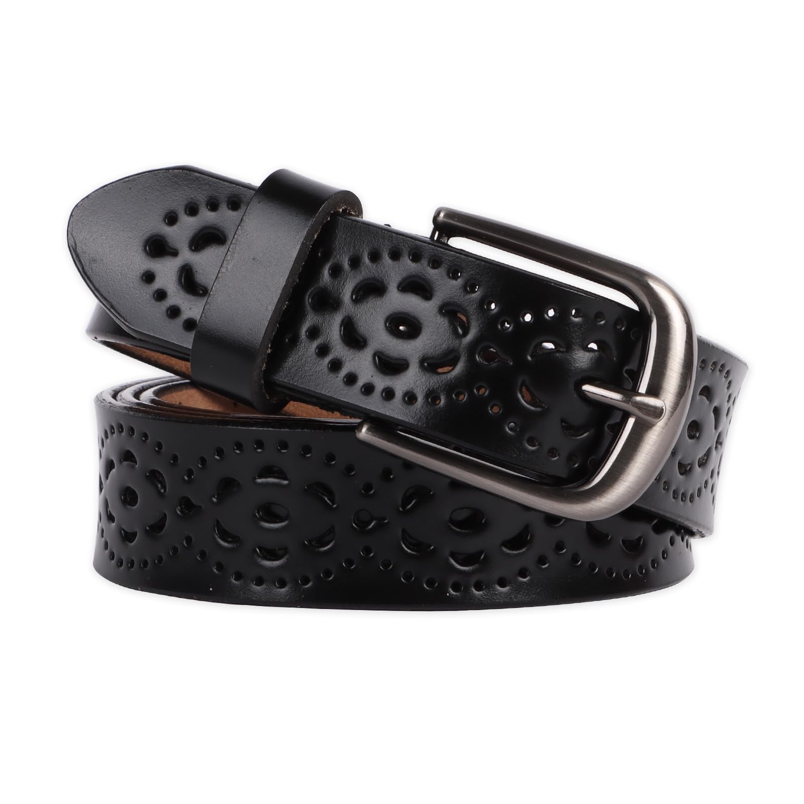 Jiusely Fashion Hollow Flower Design Ladies Waist Belt,Vintage Genuine Cowhide Leather Women's Belt, Women Leather Belts, Retro Alloy Buckle Belt for Jeans Dresses (Black)