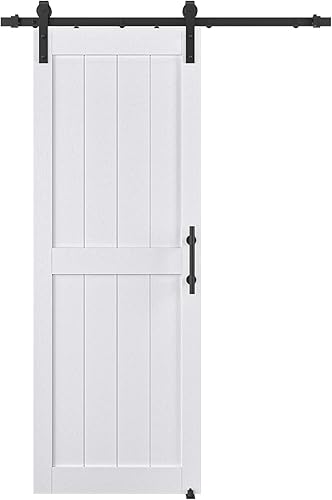 COSHOMER Puerta corrediza de granero MDF de 32 x 84 pulgadas con kit de herrajes para puerta de granero de 6 pies y asa, agujeros preperforados,