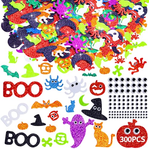 Halloween Foam Stickers 300Pcs 200 Self-Adhesive Foam Glitter Sticker & 100 Wiggle Eyes Pumpkin Ghost DIY Crafts for Halloween Thanksgiving Party