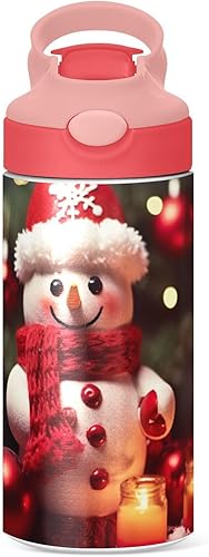 Miniatura 2 de GOODOLD Botella de agua para niños con diseño de muñeco de nieve de Navidad, botellas de agua aisladas de acero inoxidable con tapa con pajilla, 12
