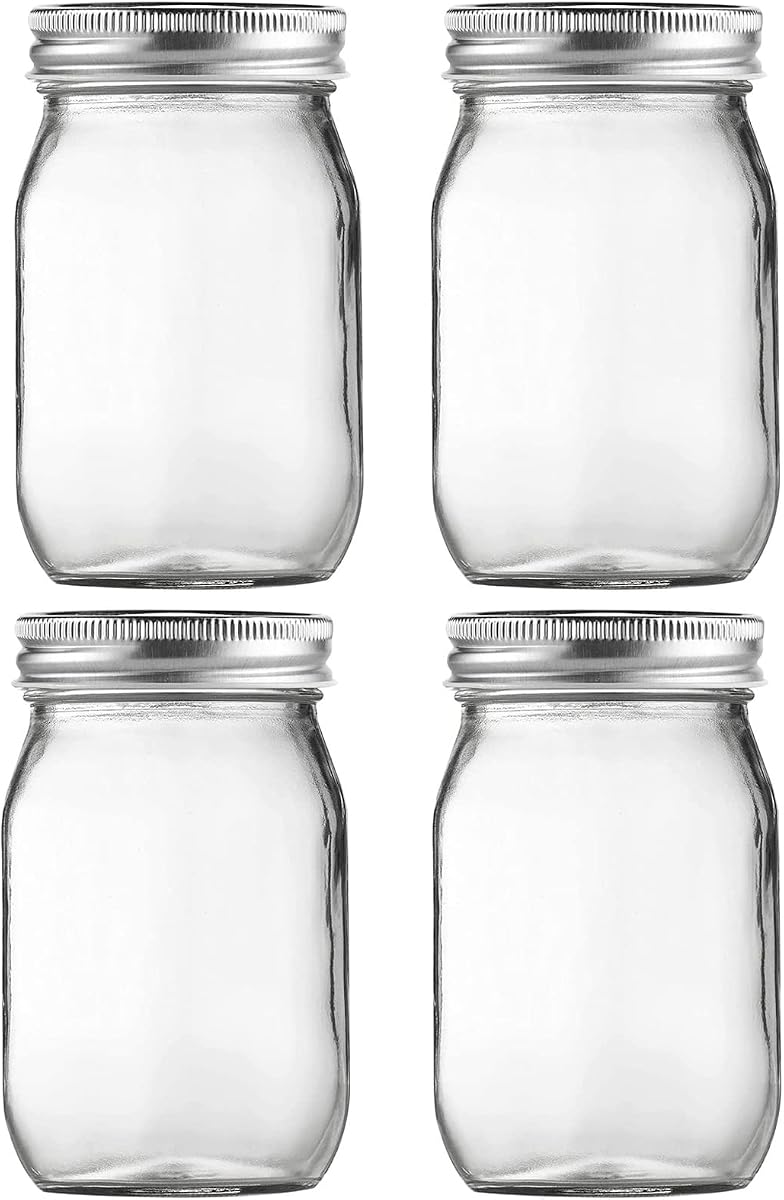 Glass Mason Jars, 16oz Regular Mouth Canning Jar with Airtight Lids, 4 Pack | Small Sealing Containers, Glass Jars, Durable Clear Glass Material, for Food Storage, Overnight Oats, Meal Prep, Candy