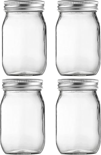 BEWAVE Glass Mason Jars, 16oz Clear Glass Jars with Lids for Sealing, Regular Mouth Canning Jars for Food Storage, Snacks, Candies, DIY Projects, 4 Pack