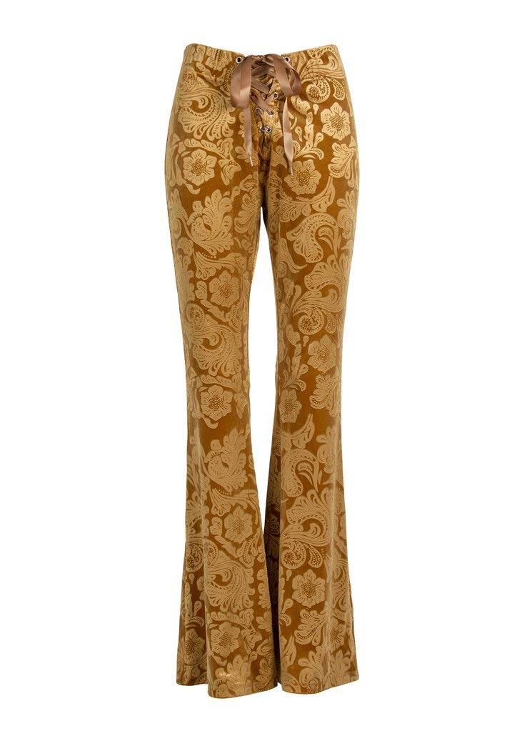 Glam And Gloria Mustard Yellow Womens Velvet Flared Trousers