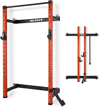 RitFit 2.36 x 2.36 Folding Squat Rack for Home Gym, Wall Mounted Squat Rack with Attachments - Space Saving Squat Power Rack