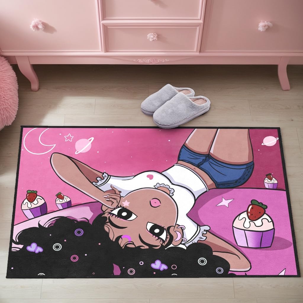 Girl’s Rugs for Bedroom: Black Girl Area Rug — Cute African American Kids Floor Carpets for Living Room Decor, Soft Small Carpet, Yoga Mats for Women (Pink, 2x3 Feet, Rectangular)