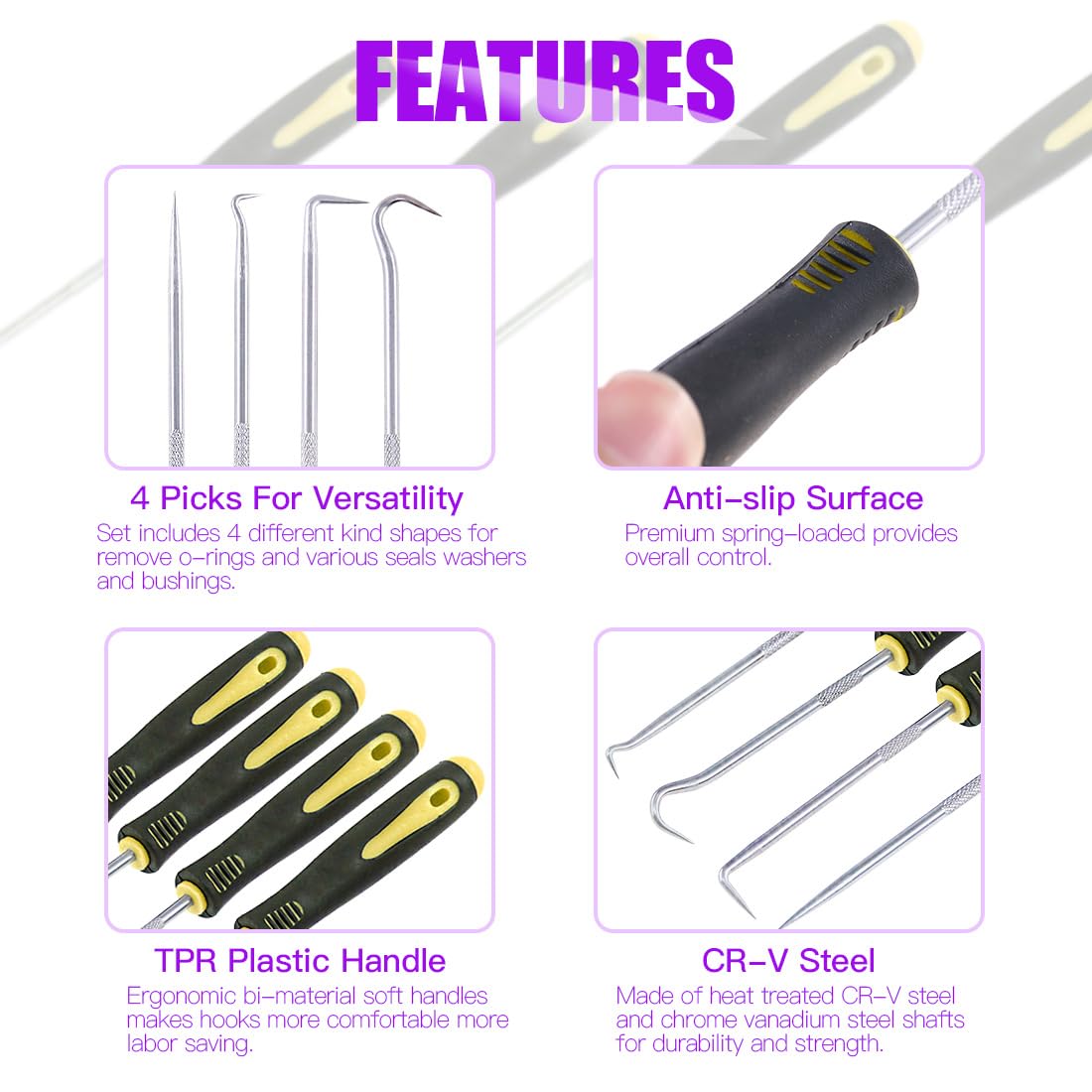 Swpeet - Juego de 8 pinzas para anillos con gancho y gancho, 4 pinzas para juntas de aceite, juego de 4 piezas de precisión y ganchos, perfectas para quitar los anillos