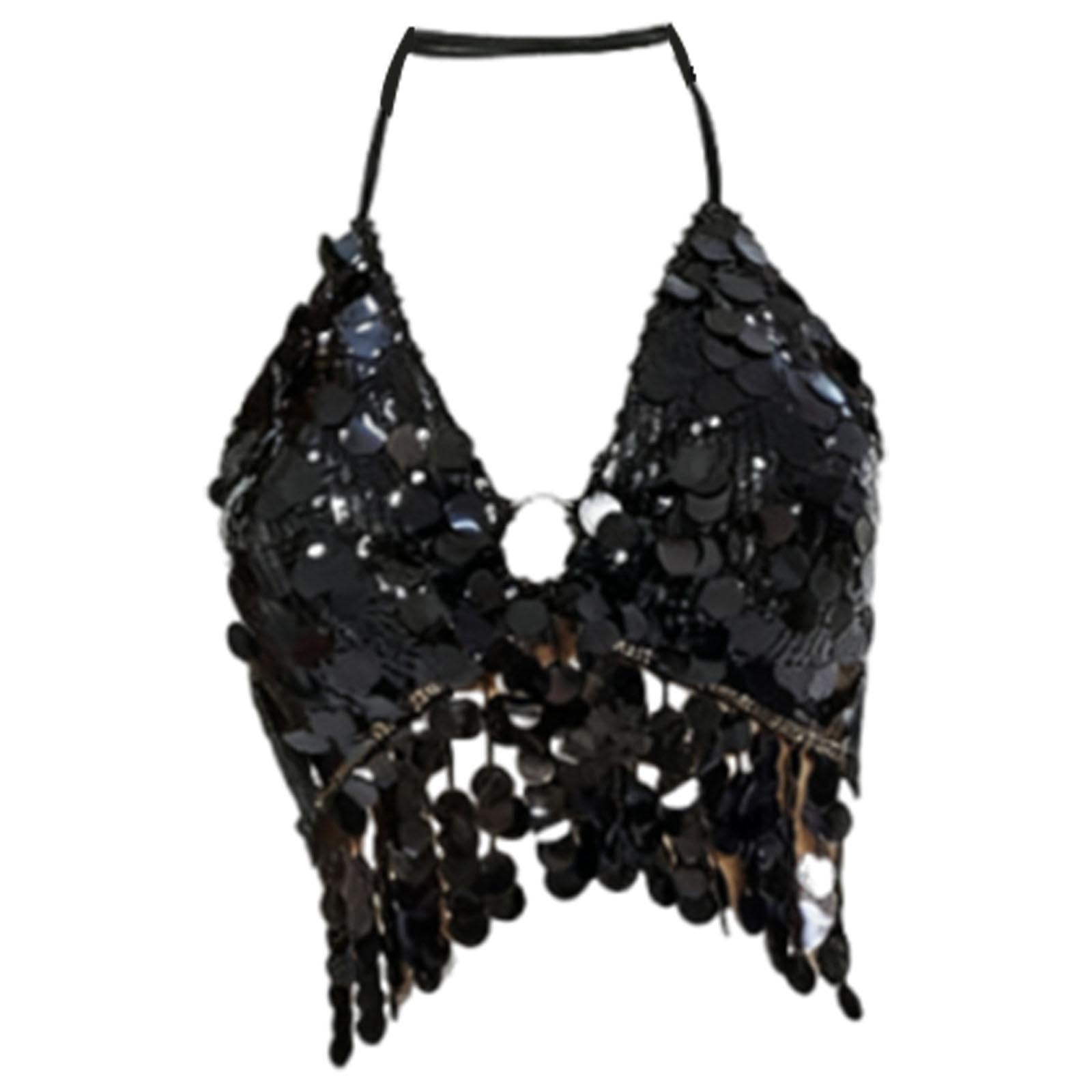 CALANDIS Sequin Bra Tassel Top Sequin Crop Tops for Beach Festival Party Performances Black | | Belly Dancing | Adult Dancewear-image-15