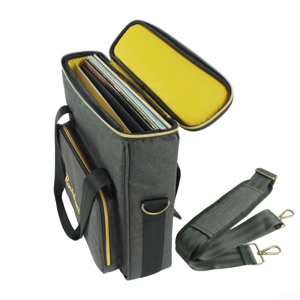 Bolsa de almacenamiento de discos de vinilo, diseño resistente portátil con transporte de mano y correa para el hombro, funda de tela catiónica gris con acolchado de 8 mm, bolsillo externo para