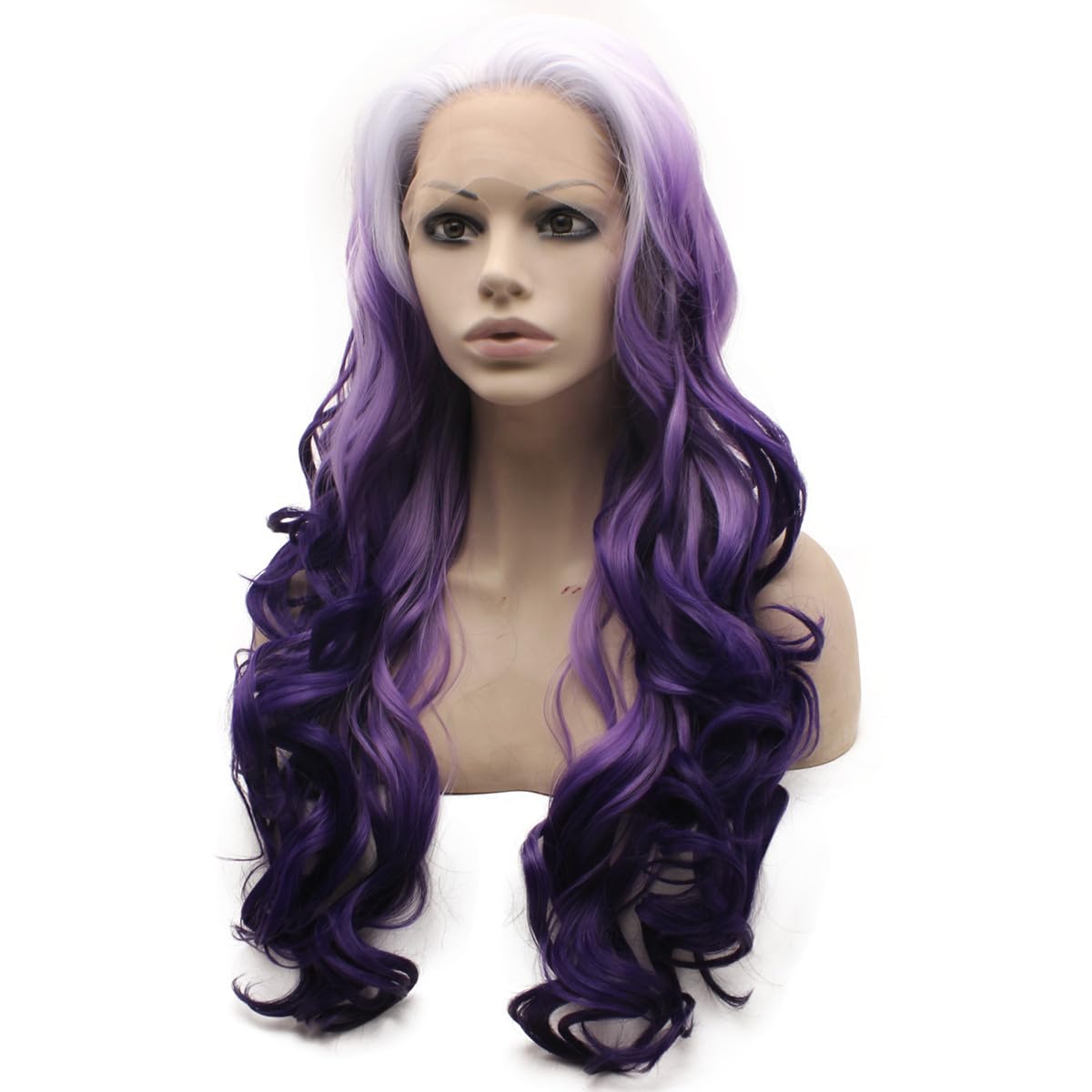 Peakia Long Wavy Ombre White Purple Synthetic Lace Front Wig Half Hand Tied Heat Resistant Fiber Hair Cosplay Wig
