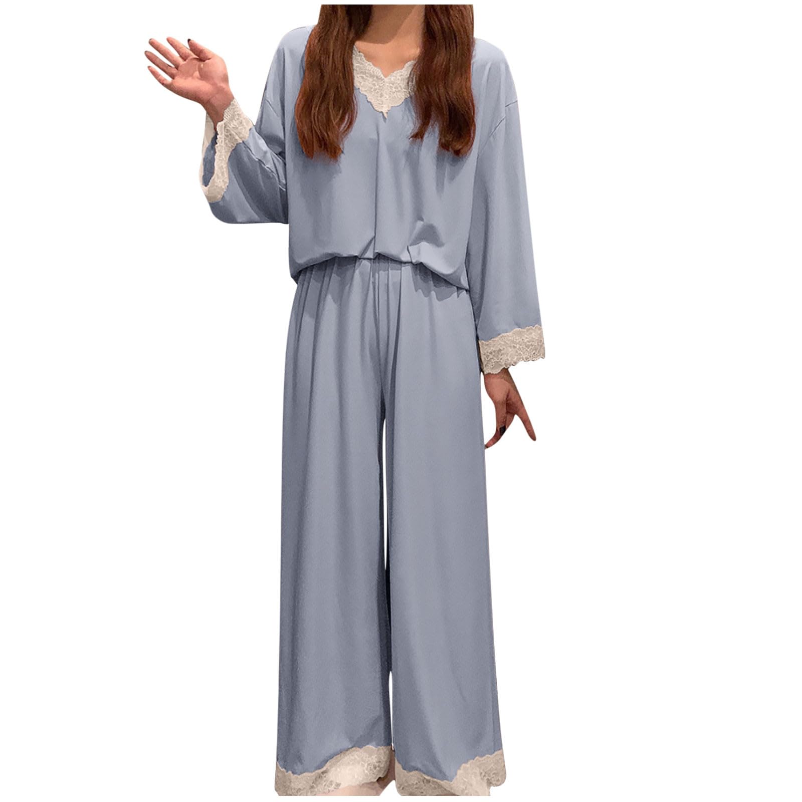 Pajama Sets for Women Casual long Sleeve Lace v Neck Crop Tops Wide Leg Pants Matching Set 2