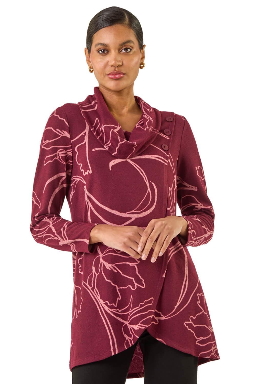 Roman Women's Cowl Neck Long Sleeve Tunic Ladies Lightweight Longline Patterned Top Blouse Snit Autumn Winter Work & Casual Smart Wear Going Out Party Loungewear - Burgundy - Size 20