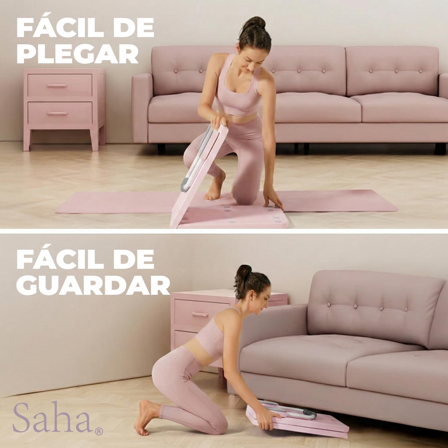 Saha® Tabla Pilates Reformer Rosa | Aparato Abdominales Fitness Casa con Bandas de Resistencia, Asas y Temporizador | Yoga Core Entrenamiento Cuerpo Completo | Original Corner
