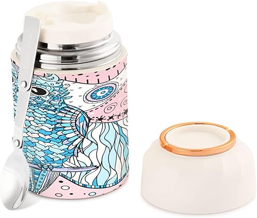Mandala Owl - Tarro de comida con cuchara de acero inoxidable aislado al vacío, contenedor de alimentos de 17 onzas para almuerzo