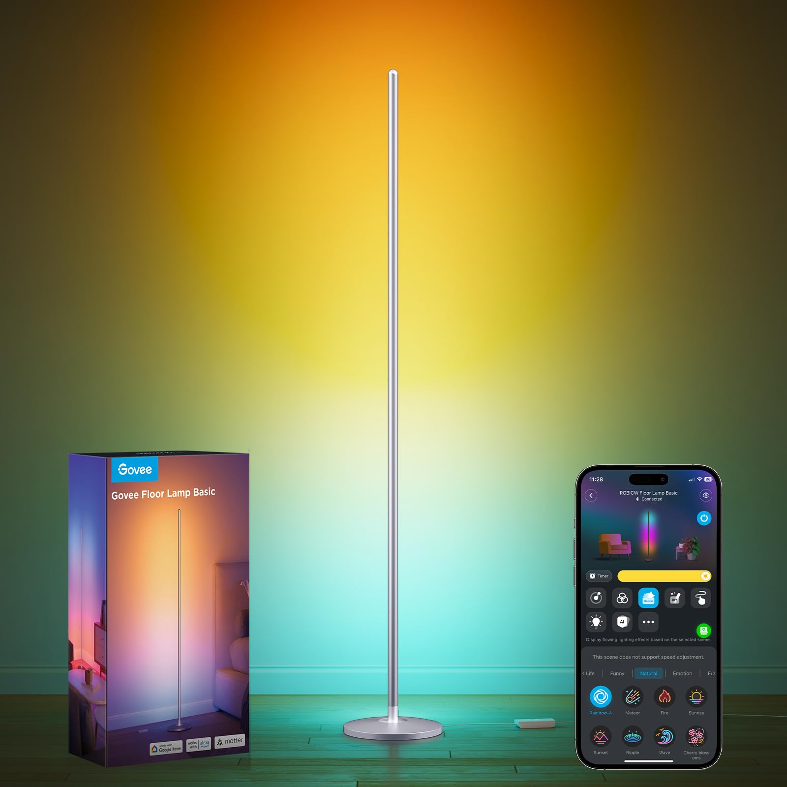 Govee RGBIC Floor Lamp, LED Corner Lamp Works with Alexa, Smart Modern Floor Lamp with Music Sync and 16 Million DIY Colors, Color Changing Standing Lamp for Bedroom Living Room Silver