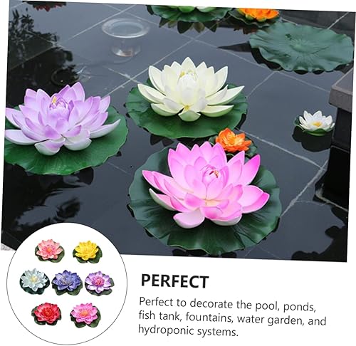 Miniatura 9 de 7 piezas de flores de loto flotantes artificiales para decoración de piscina, decoración de loto de agua, adornos falsos de lirio de agua