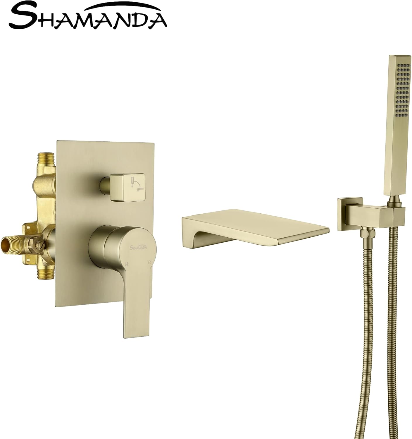 Best Deal Product SHAMANDA Waterfall Wall Mounted Bathtub Faucet with Hand Shower, Bathroom Single Handle Tub Faucet Modern Brass Tub Shower Faucet Set(Including Rough-In Valve Body and Trim), Brushed Gold, L901-3