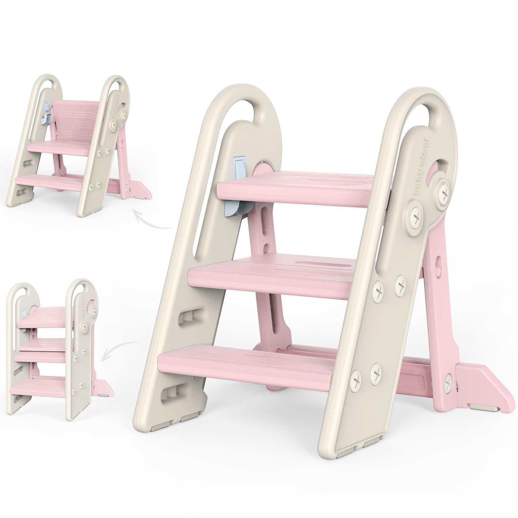 Onasti Foldable Step Stool for Kids, Adjustable 3 Steps for Kid Potty Training with Handles, Learning Tower, Toddler Step Stool for 18 Months to 8 Years, for Kitchen, Bathroom & Bedroom (Pink)
