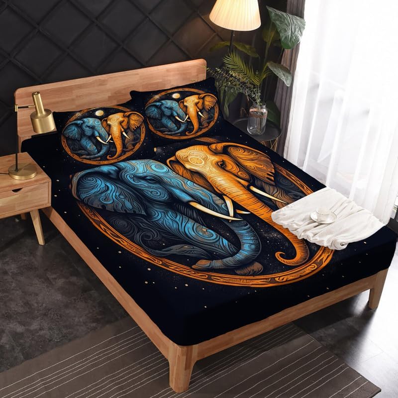Miniatura 2 de Juego de sábanas de tamaño matrimonial sábanas de elefante, sábanas y fundas de almohada de animales Yin Yang, microfibra suave, bolsillo profundo y