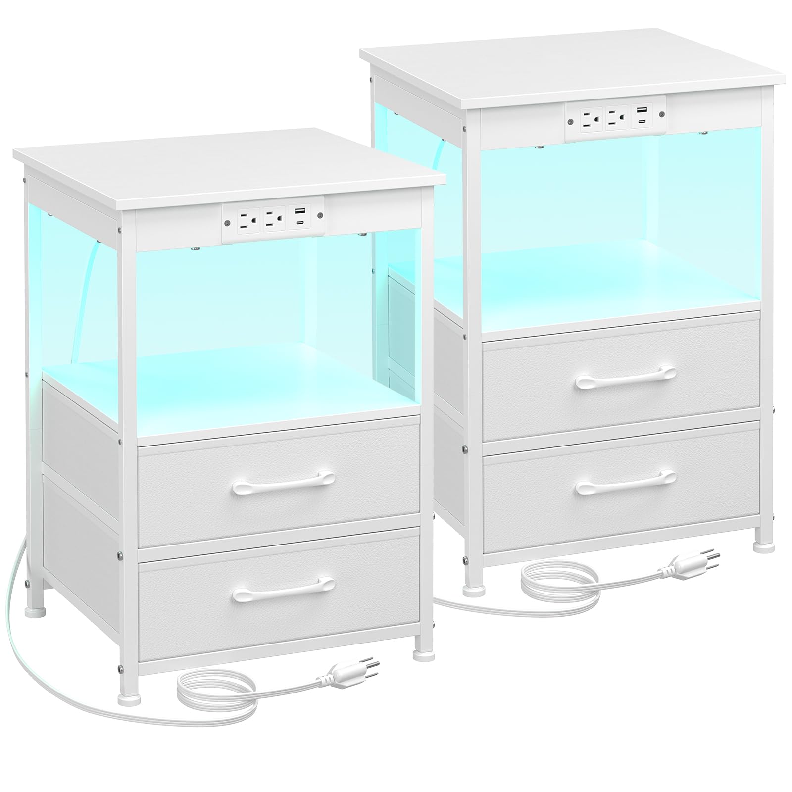White Night Stand Set 2, Nightstand with Charging Station, LED End Tables with USB C Port and Outlets, Bedside Table with 2 Storage Fabric Drawers for Bedroom, Small Space, HNS022WT