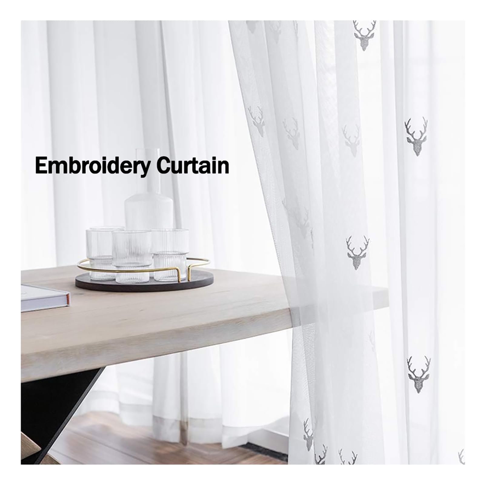 2 Stück Hirsch Stickerei Vorhang Voile, Tüll Transparent Gardinen Ösenschal/Kräuselband Fensterschal Für Wohnzimmer Schlafzimmer Balkon, W200xL250cm, Eyelet