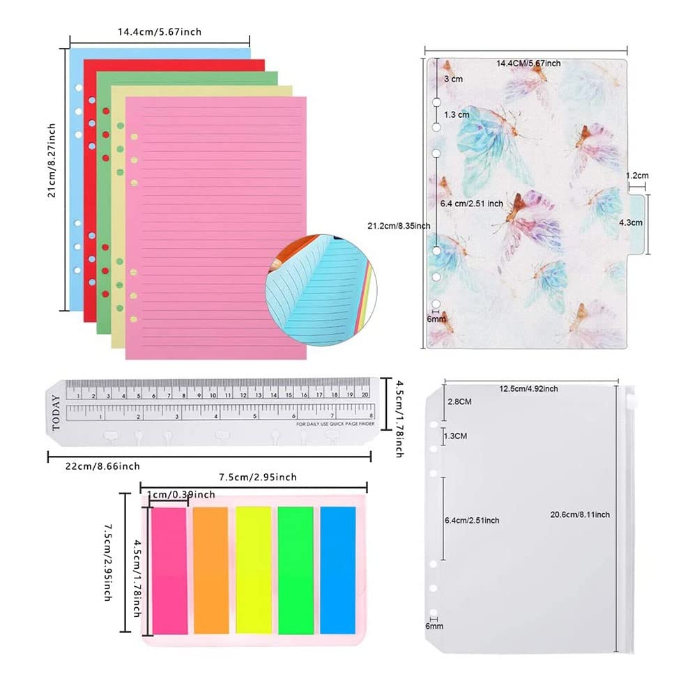 CXBDDF Notizbuch-Set, A6, 50 Blatt, 6 Löcher, lose Blätter, liniert, Nachfüllpapier, 6 Stück, PVC-Ordner, Register und Notizfahnen, Index-Tabs