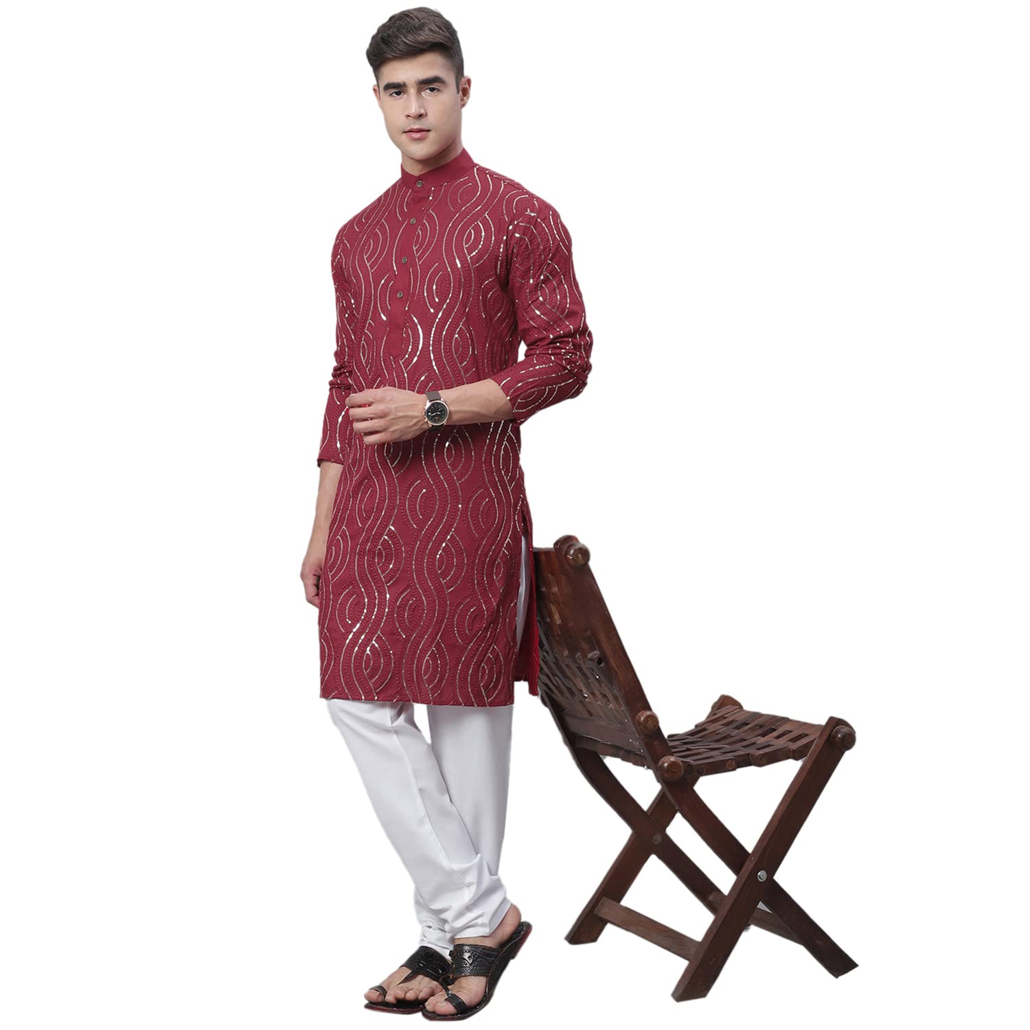 Sojanya (Since 1958 Men's Pure Cotton Maroon Designer Kurta And White Churidar Pyjama Set