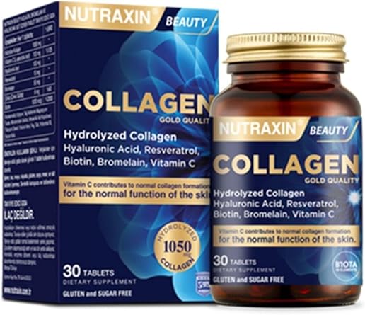 Nutraxin Beauty Collagen Gold Quality Hidrolize Kolajen, Hyal ronik Asit, Resveratrol, Biotin, Bromelain, Vitamin C, 30 Tablet + 1  ase