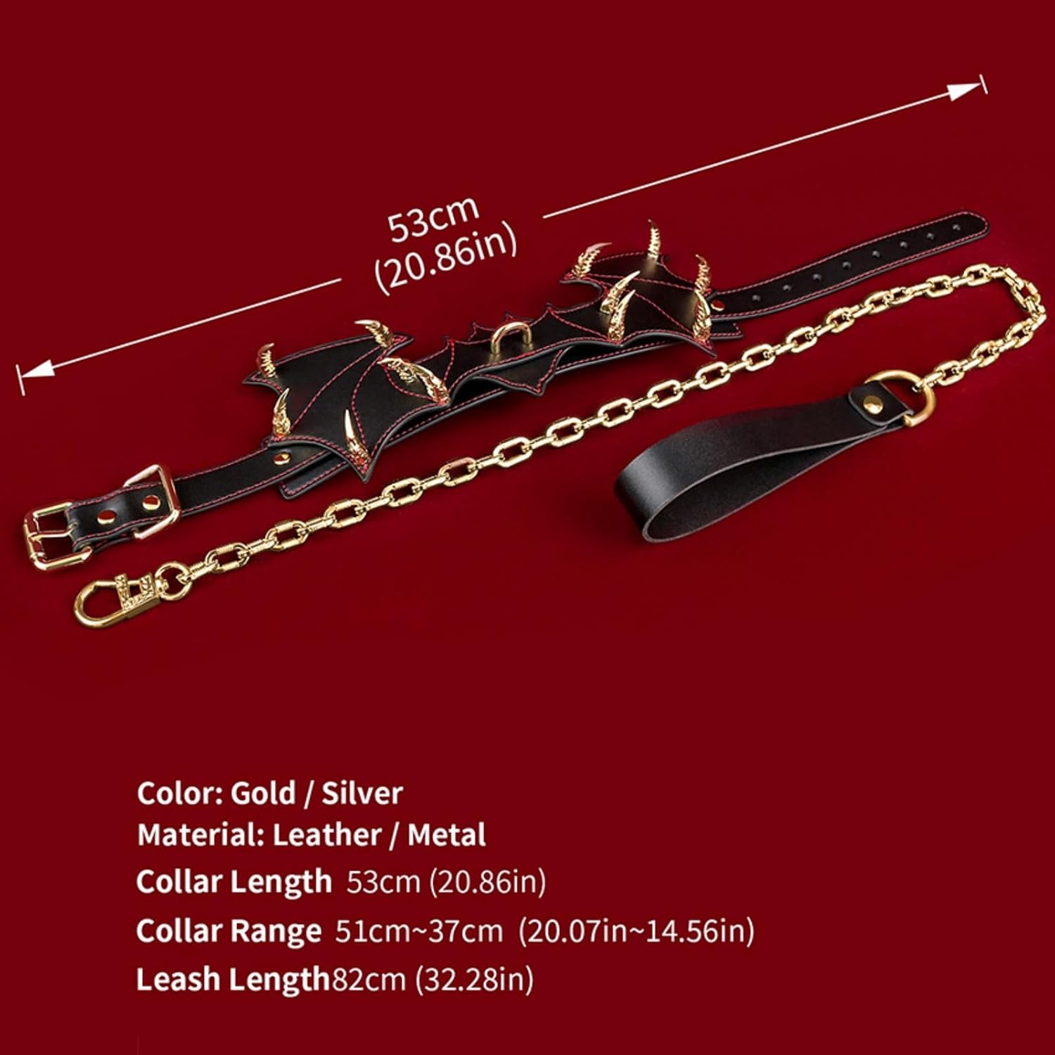 Metal & Leather Traction Rope Necklace, BDSM Bondaged Kit Adult Female Restraint, Adjustable Adult Sex Toy for Women - Gold