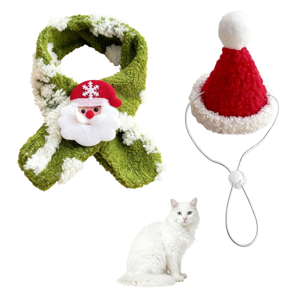 Cat Christmas Hat, 2PCS Adjustable Warm Santa Hat with Scarf for Dogs Cats, Festive Holiday Outfit Christmas Photo Props for Puppy Kitten