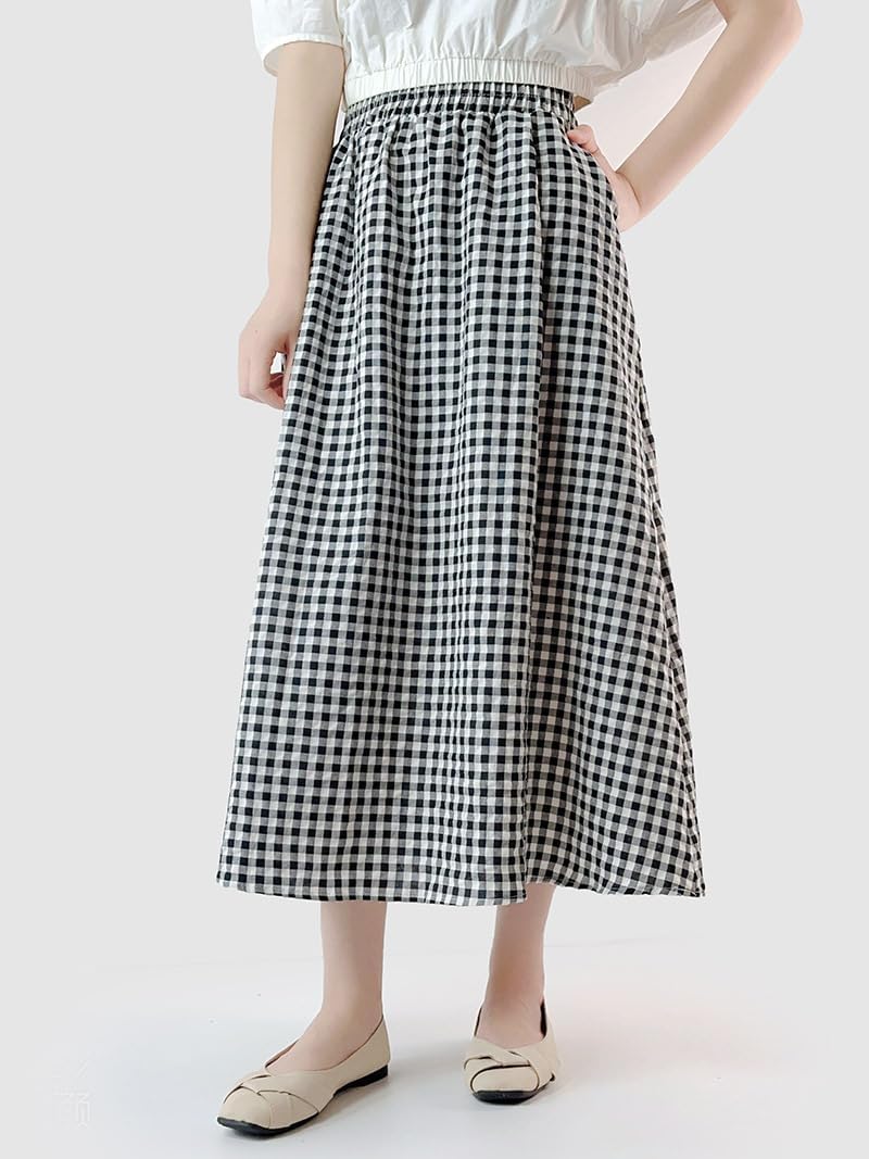chouyatou Women's Casual Elastic Waist Plaid Skirt Gingham Swing Pleated Midi Long Skirt with Pockets - Image 2