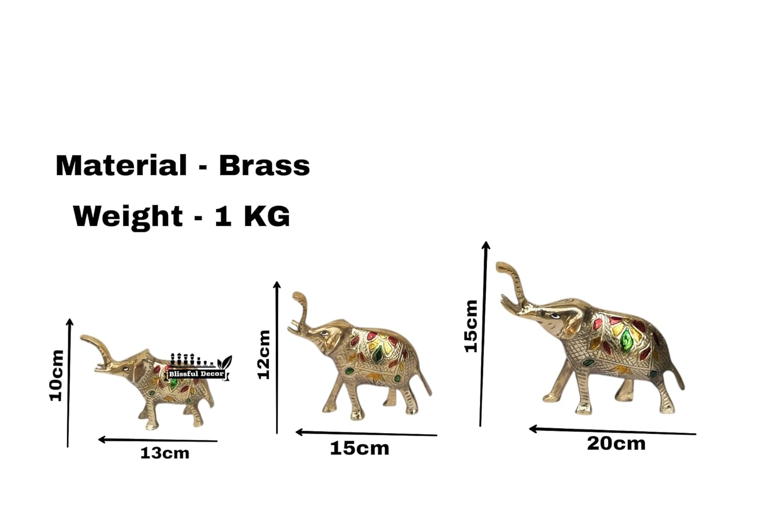 Image illustrating the dimensions of the three brass elephant figurines: 10cm, 12cm, and 15cm in height, with corresponding lengths.