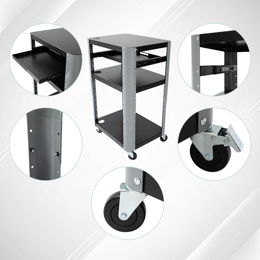 Carrito de 3 niveles con ruedas, estación de trabajo móvil con estantes ajustables en altura y bandeja para teclado extensible, capacidad de carga de hasta 130 kg, diseño desmontable, color