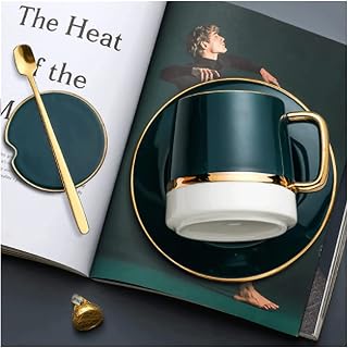 Ceramic Cup With Lid Spoon Personality Trend Household Large-capacity Couple Coffee Cup coffee cup (Color : Green, Size : One Size)