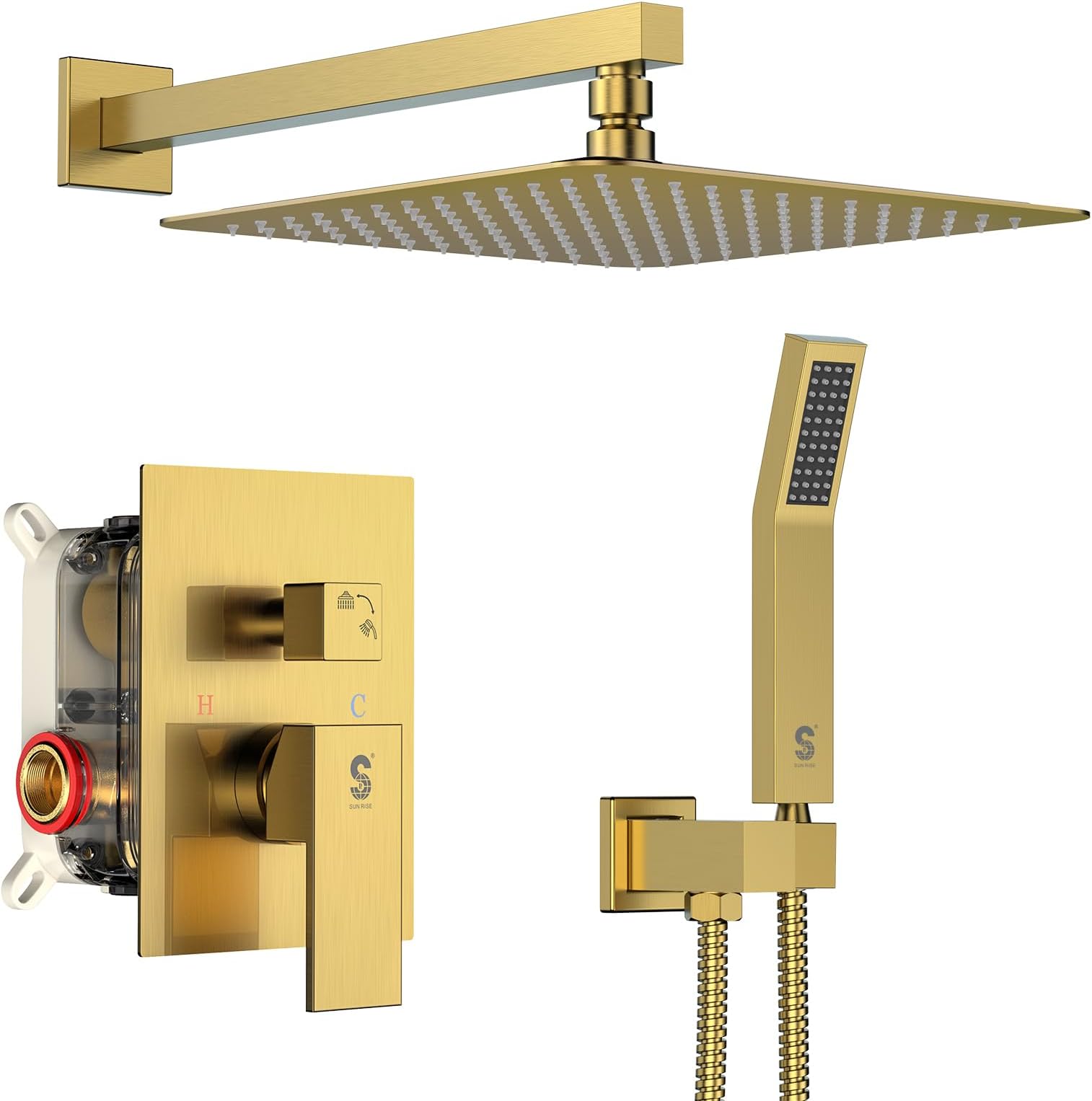 SR SUN RISE 12 Inches Brushed Gold Shower System 12 Inch Brass Bathroom Luxury Rain Mixer Shower Combo Set Wall Mounted Rainfall Shower System Faucet (Contain Faucet Rough-in Valve Body and Trim)