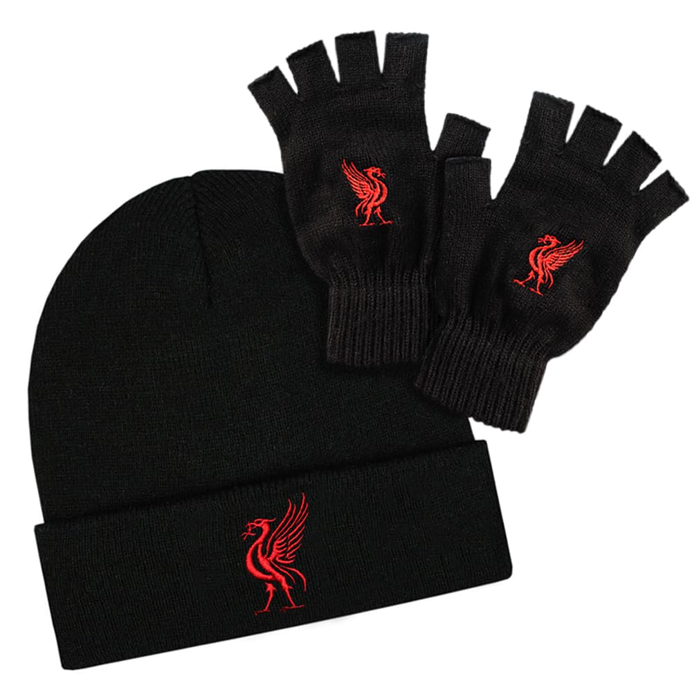 TeddyT's Men's Liverpool Red Liver Bird Design Black Beanie Hat & Fingerless Gloves Set