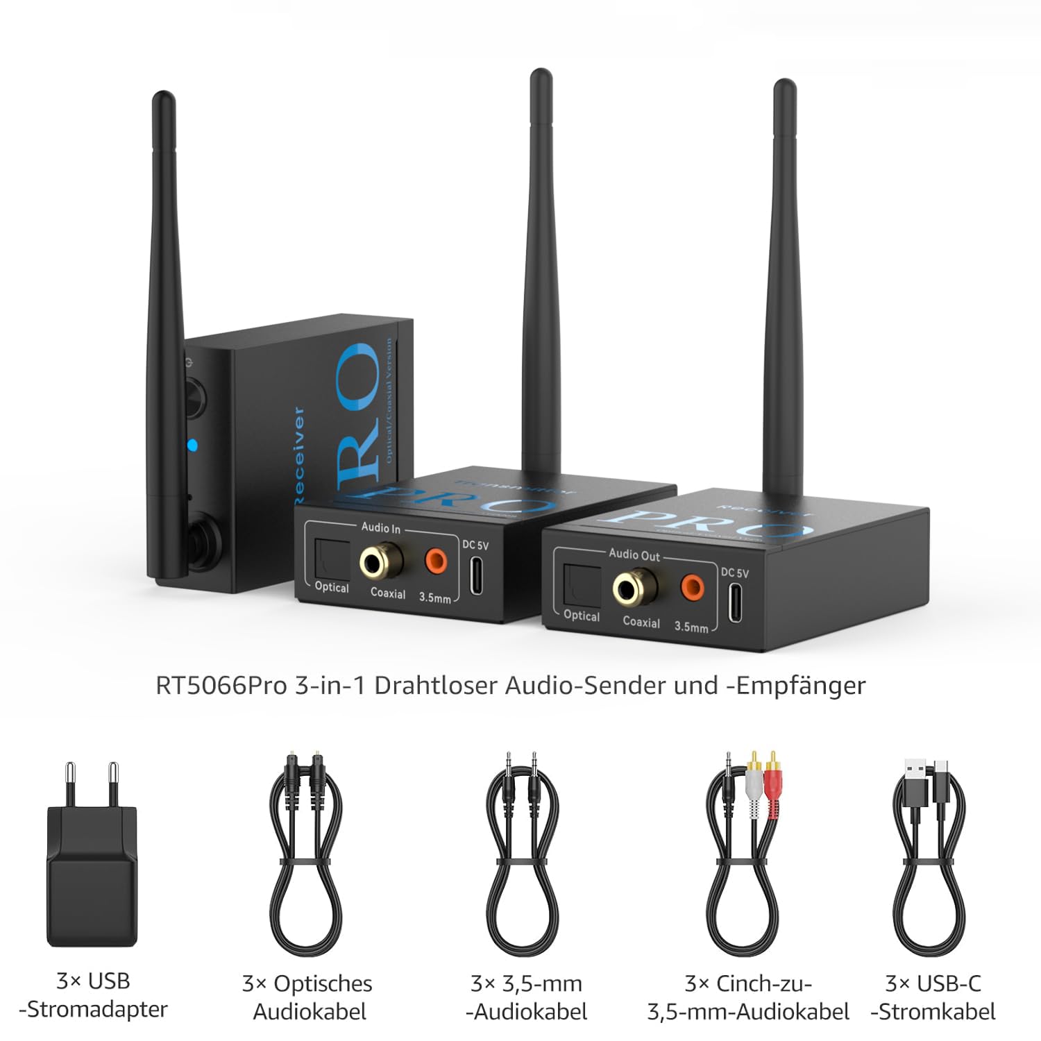 1Mii (1 TX + 2 RX) Drahtlos Audio Sender Empfänger, 2,4 GHz Funkübertragung | Geringe Latenz, HiFi von TV/PC zu Aktivlautsprecher/Verstärker/AV-Receiver, Optisch/Koaxial/3,5-mm/Cinch-Anschluss
