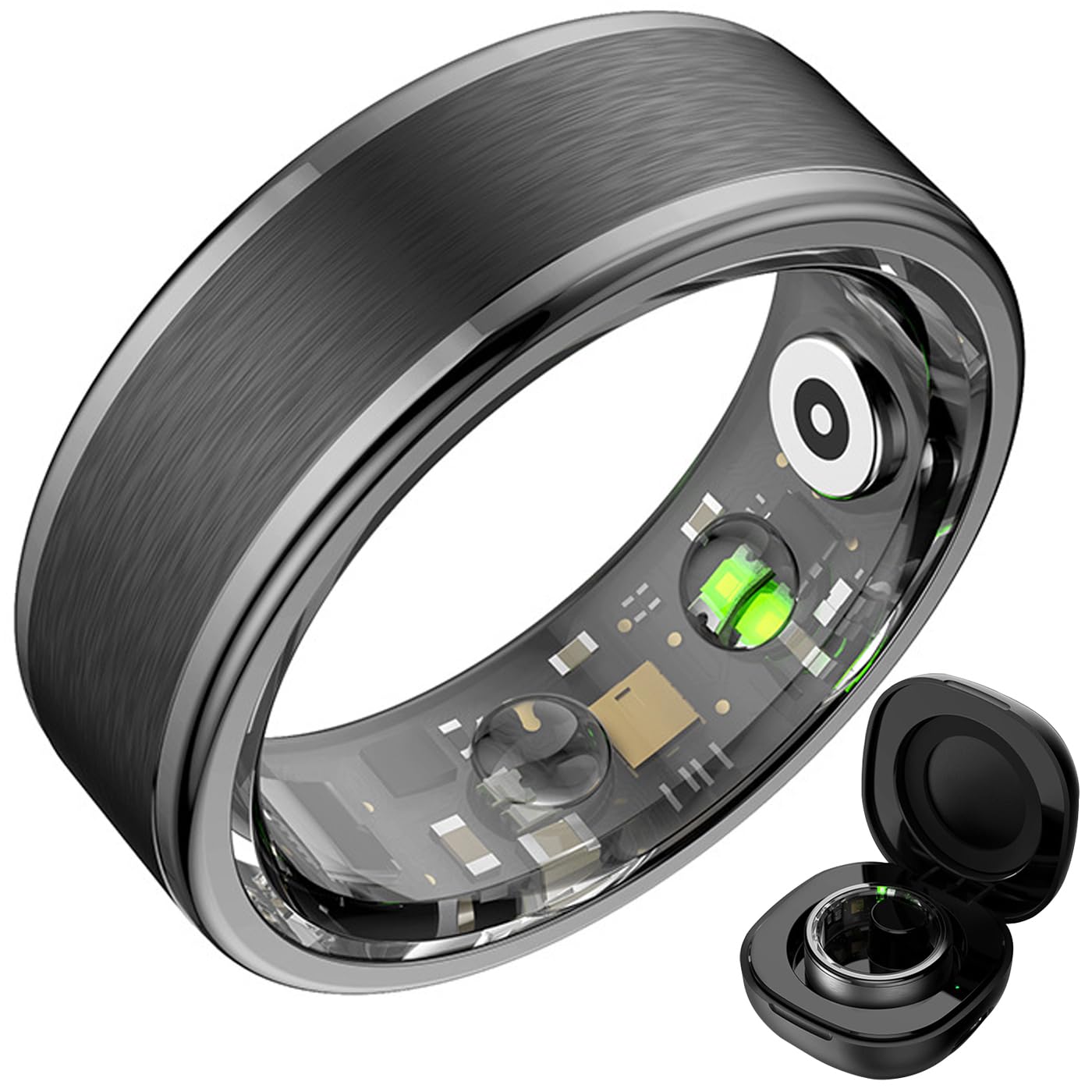 Anello fitness tracker con scatola di ricarica, app, monitoraggio della frequenza cardiaca, monitoraggio del sonno, contapassi e calorie, senza costi di abbonamento, anello intelligente per uno stile