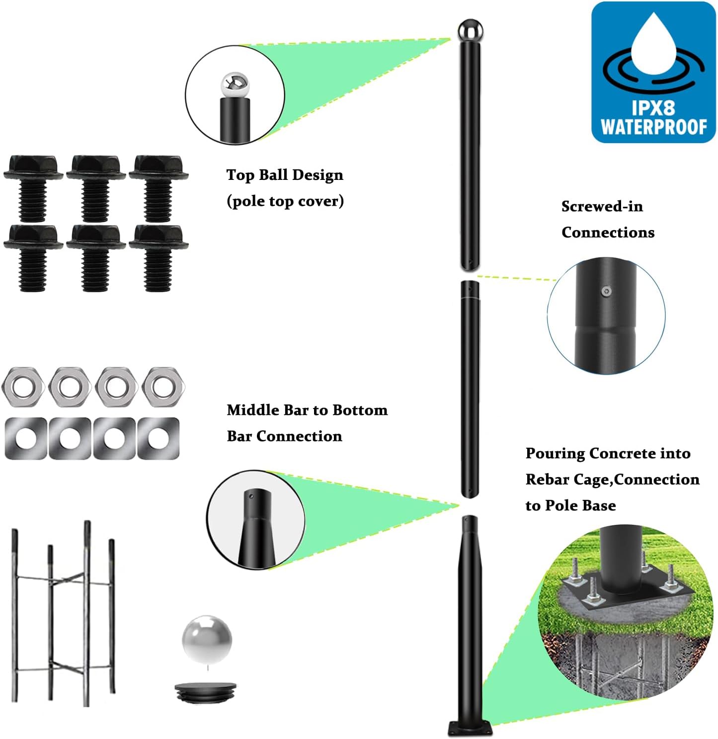 Street Light Pole 10 Ft Tall and 2 3/8 inch Round Tenon Adapter for 3 inch Round Pole