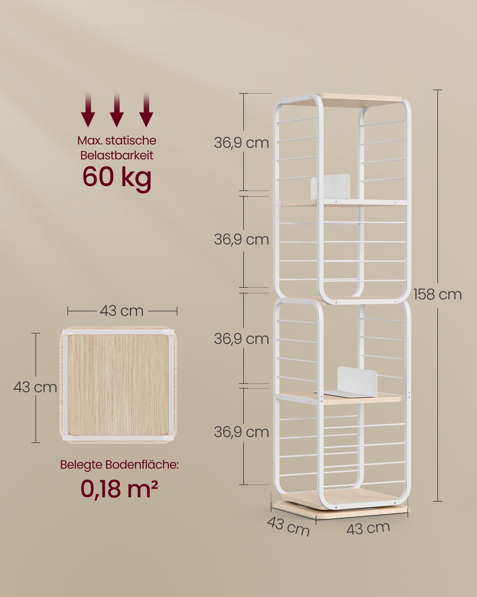 VASAGLE Bücherregal 4 Ebenen, drehbares Regal mit Buchstützen, Standregal für kleine Räume, Aufbewahrungsregal, Eckregal, Stahlrahmen, naturbeige-wolkenweiß LLS127W67