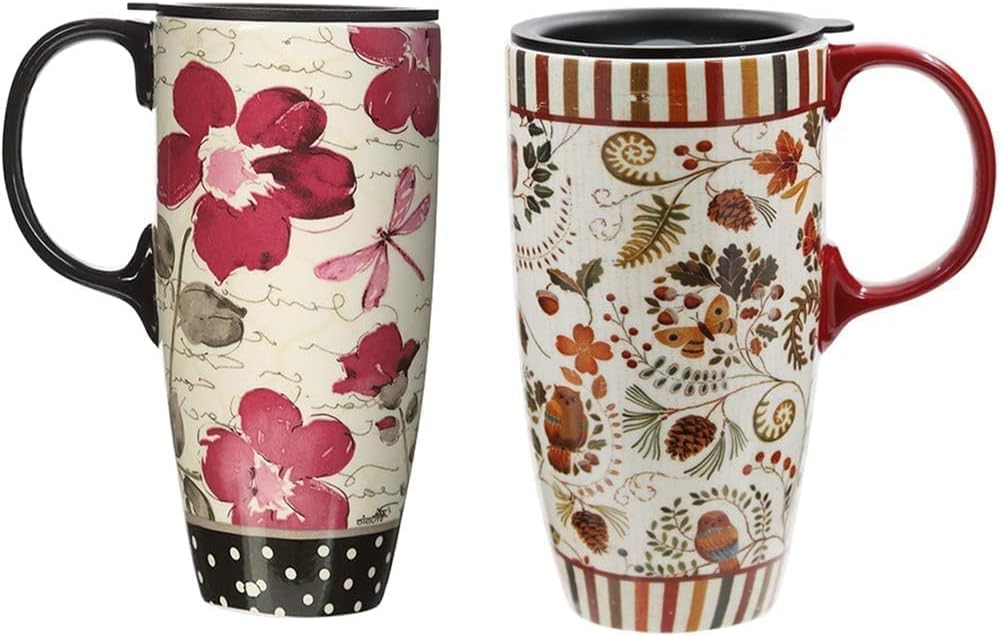 Topadorn Ceramic Coffee Mug Set of 2, 17 Oz Tea Cups with Handle and Lid for Latte, Tea, Cappuccino, Milk, Cocoa, Microwave&Dishwasher Safe, Flowers and Forest