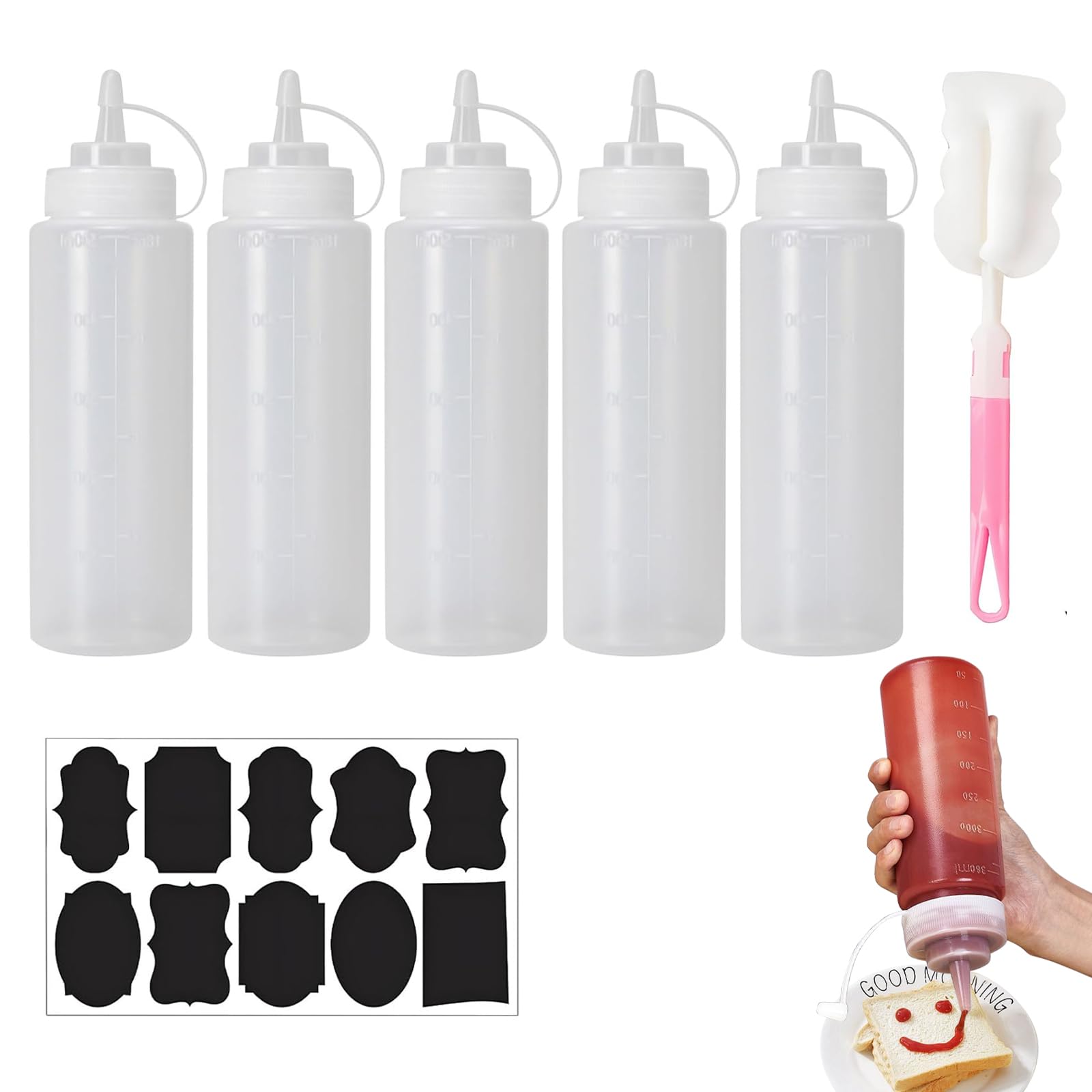 Plastic Squeezy Sauce Bottles, 5 Pcs Plastic Squeeze Condiment Bottles, 360ml Tick Marks Squeeze Bottle with Cleaning Brush and Stickers for Ketchup Mustard Hot Sauces Oil with Funnel (WhiteB)