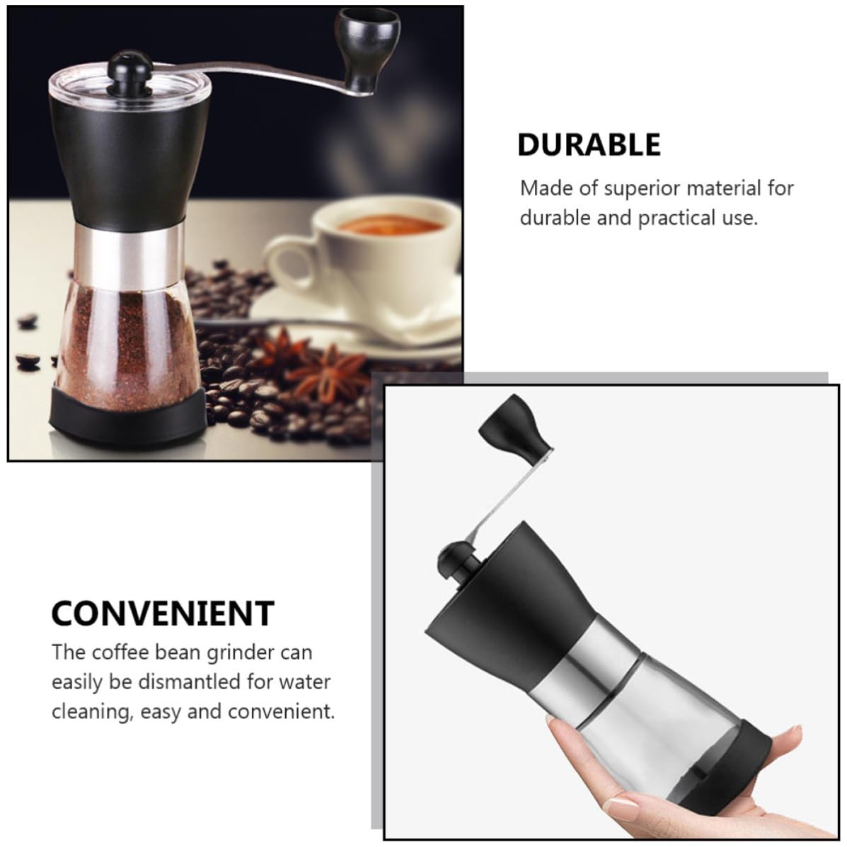 Molinillo de Café de Acero Inoxidable Recipiente de Vidrio Sellado Portátil Manual Ecológico y Resistente para Granos, Adecuado para Oficina y Cocina
