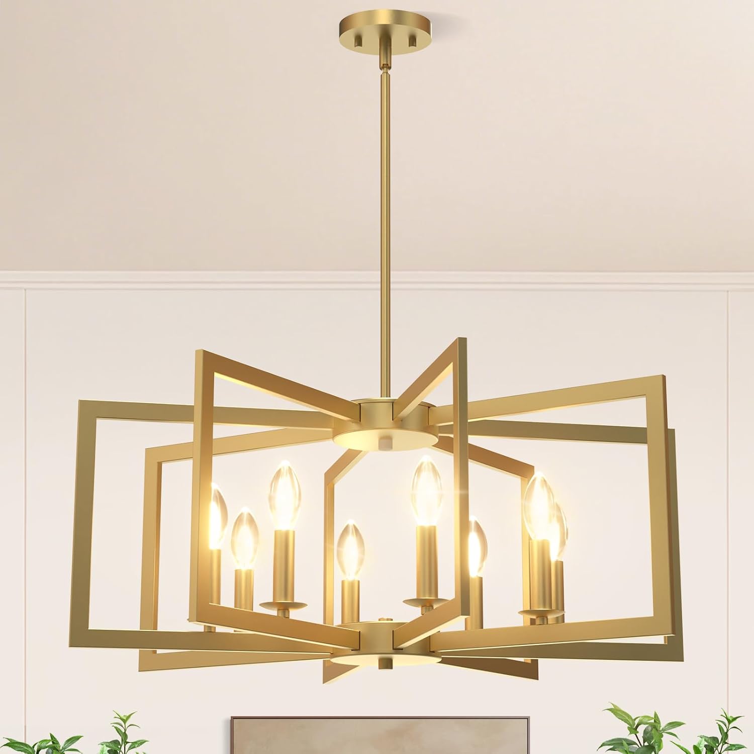 Modern Gold Chandelier, 8-Light Geometric Dining Room Light Fixture, Industrial Pendant Lights Kitchen Island, Hanging Metal Farmhouse Chandeliers for Dining Room Entryway Foyer Bedroom Kitchen 8-Light Gold